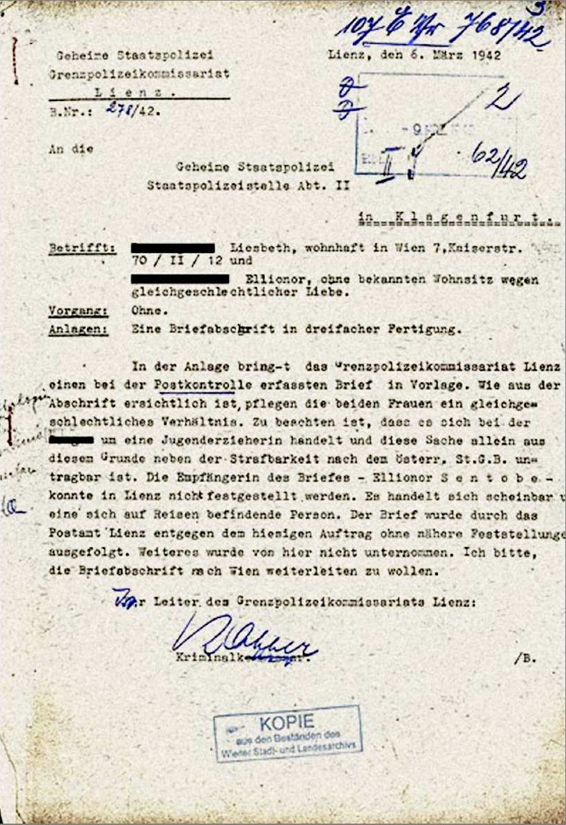 Documento di sorveglianza di due lesbiche austriache (1942)